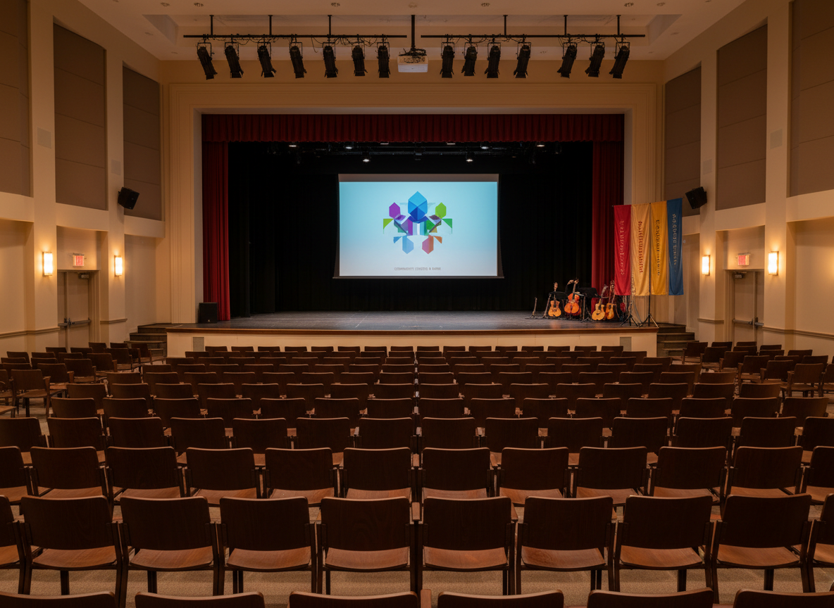 A spacious, empty school auditorium with neatly arranged rows of dark wooden chairs facing a slightly elevated stage. On the stage, a large projection screen displays a clean, abstract graphic hinting at community events, while colorful fabric banners and neatly stacked musical instruments rest to one side. Overhead spotlights cast soft, even illumination across the stage, while indirect wall lighting provides a warm glow around the seating area. Photographic realism from a mid-level, wide-angle view captures the full breadth of the room. The atmosphere is anticipatory and professional, suggesting formal ceremonies, cultural presentations, and educational gatherings central to school community life.