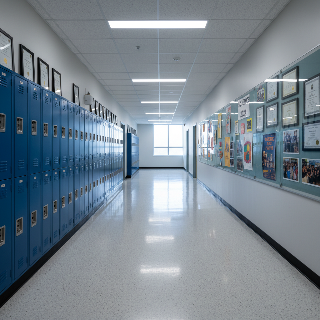 An orderly corridor of a modern school building, captured without any people, lined with deep-blue metal lockers on one side and a display wall of framed certificates, event posters, and blurred group photos on the other. The polished floor reflects overhead linear LED lights, creating clean, bright streaks of illumination. Natural light from a window at the far end mixes with the cool artificial lighting, giving the scene a balanced, professional tone. Photographic realism, shot from a slightly low, centered perspective to emphasize depth and continuity, with sharp focus throughout. The mood is organized, secure, and quietly dynamic, evoking a living archive of school life and community achievements.