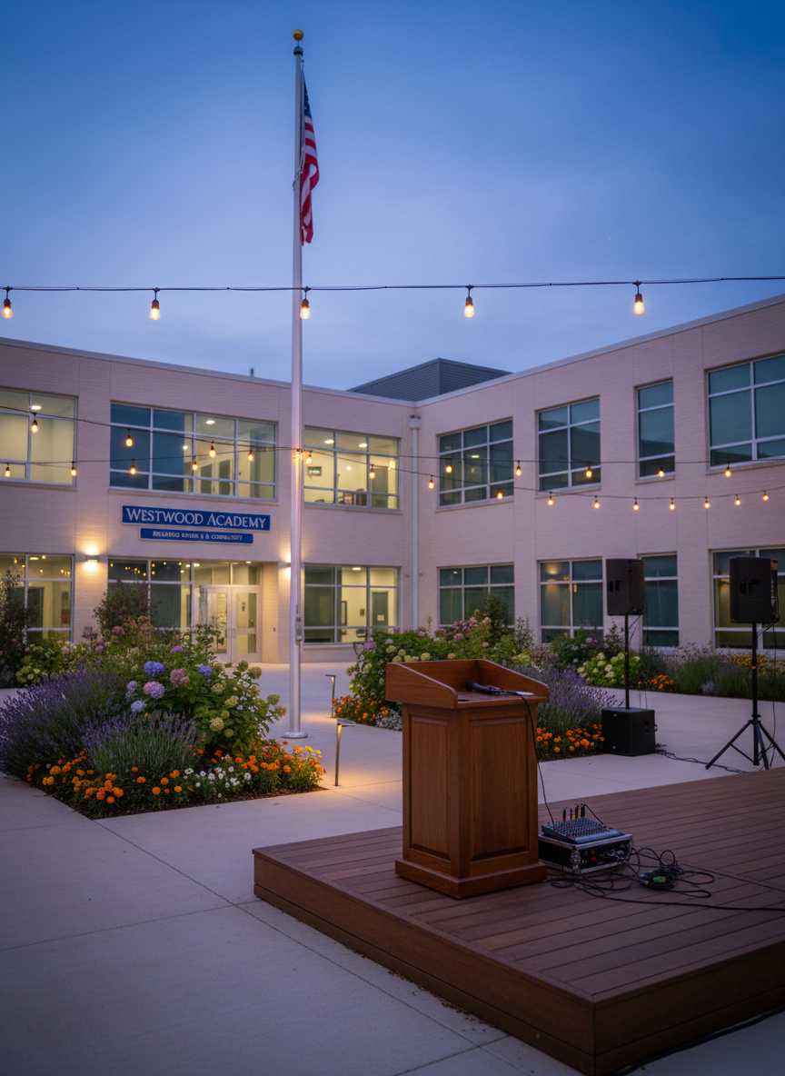 An outdoor school courtyard at dusk, intentionally shown without people, with a central flagpole, well-maintained garden beds, and a low stage area featuring a sturdy wooden podium and simple sound equipment ready for a community event. Subtle string lights and discreet ground lighting create a warm, inviting glow that contrasts with the cool blue of the evening sky. The school façade, with clean architectural lines and clear signage, forms the backdrop. Photographic realism, wide-angle composition at eye level, with sharp focus on the stage area and slightly softer background. The mood is ceremonial and welcoming, evoking cultural nights, parent meetings, and school celebrations documented by the portal.