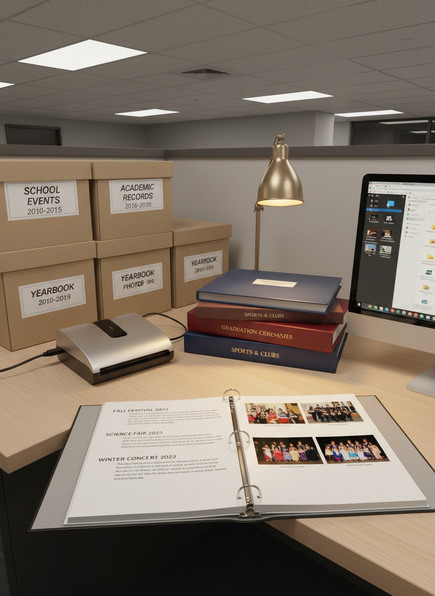 A tidy media and records corner in a school office, featuring labeled archival boxes, neatly stacked photo albums, and an open binder displaying printed pages with event descriptions and small, carefully cropped photographs. A modern flatbed scanner and an external hard drive rest beside a desktop computer monitor showing a clean, professional interface for organizing school media. Soft, indirect overhead lighting illuminates the scene, while a small desk lamp adds a warm pool of light over the open binder. Photographic realism, shot from a slightly elevated, three-quarter angle, with sharp details on textures like cardboard, plastic, and paper. The atmosphere is meticulous, trustworthy, and methodical, emphasizing the structured preservation of the school community’s memory.