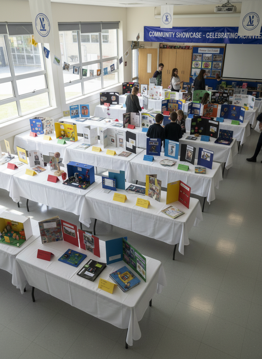 A bright, well-organized multipurpose classroom set up for a school community exhibition, with long tables draped in crisp white cloths displaying student-made projects, framed texts, and mounted photographs without identifiable faces. Colorful cardboard labels stand upright beside each project, featuring clean, legible typography. Large windows line one wall, allowing abundant natural daylight to flood the room, creating gentle reflections on laminated project boards and a soft glow on the pale tiled floor. Photographic realism, captured from a slightly elevated corner angle to show the entire layout. The atmosphere is proud, celebratory, and professional, emphasizing documentation and appreciation of school achievements.