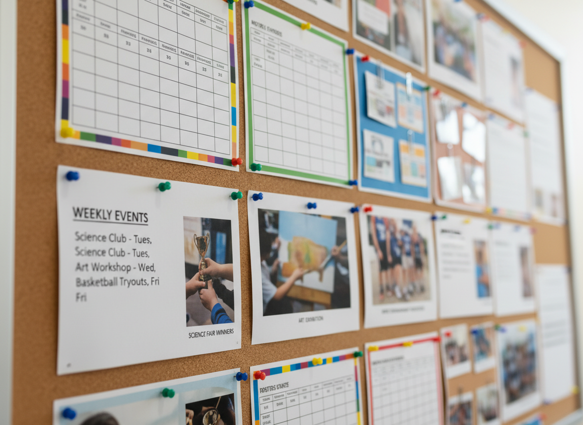 A close-up, photographic view of a cork bulletin board in a school common area, filled with neatly arranged event posters, printed schedules, and small photo prints of science fairs, art exhibitions, and sports tournaments, all carefully framed to avoid showing faces. Colorful pushpins and paperclips add visual interest against the warm, textured cork surface. Soft, diffused daylight from a nearby window creates gentle shadows along the paper edges and subtle highlights on glossy print finishes. Shot at a slight diagonal angle using shallow depth of field, the foreground notices are crisp while background postings blur naturally. The mood is informative, organized, and inviting, reflecting an active, well-documented school community.