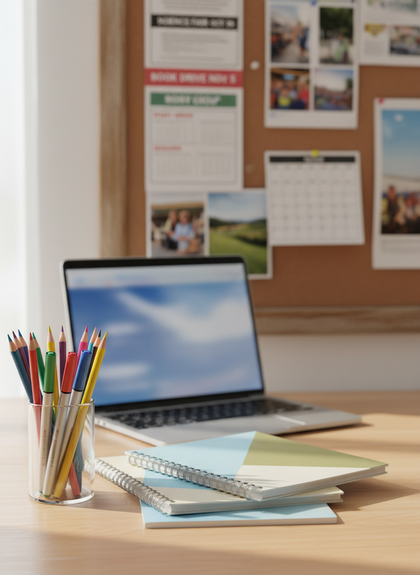 A neatly arranged collection of colorful school supplies spread across a light wooden desk, featuring well-sharpened pencils, smooth-tip markers, pristine notebooks with clean covers, and a modern silver laptop slightly open. Behind them, a soft-focus bulletin board displays neatly pinned event flyers, calendars, and printed photos of school activities, all without visible faces. Gentle daylight filters through an unseen classroom window, casting soft, natural shadows and subtle highlights on the glossy pen barrels and matte paper textures. Photographic realism, shot at eye level with a shallow depth of field, emphasizes organization, professionalism, and a welcoming educational environment, creating a calm yet purposeful atmosphere suitable for a school community portal homepage.